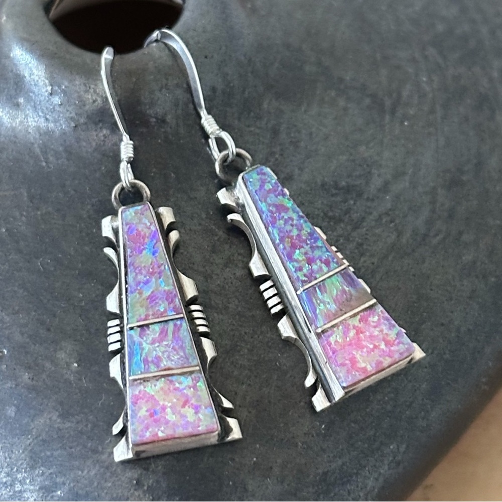 Native American made Sterling Silver Opal Earrings Navajo Artist Steve Francisco